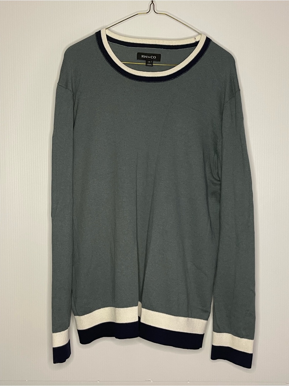 RW&CO. Slate Green Crewneck Sweater with White and Navy Trim